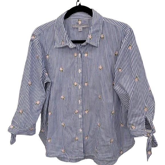 MARC NEW YORK Button Up Shirt Navy & White Stripe w/ Rose Embroidery ANDREW MARC - Picture 8 of 12